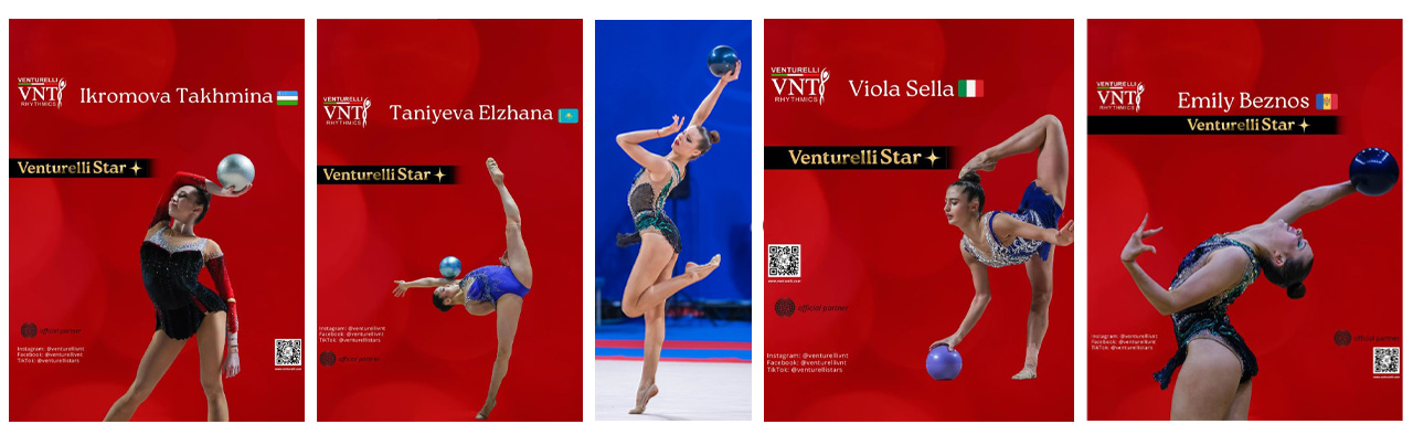 Five rhythmic gymnasts with balls, titled 'Venturelli Star,' on a red background.