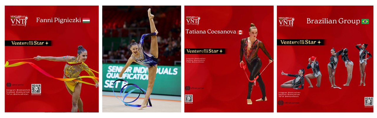 Four gymnasts with ribbons on a red background. "Venturelli Star+" and "VNT" are featured