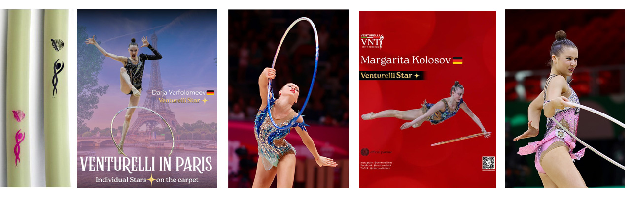 Collage of rhythmic gymnasts performing with hoops and ribbons, featuring the 'Venturelli Star' branding and promotional content on a gymnastics-themed background.
