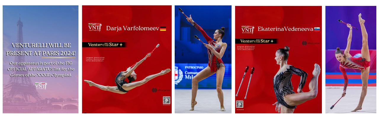 Four gymnasts with ribbons, promoting Venturelli equipment for the 2024 Olympics.